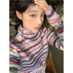 MEXZT Y2K Striped Sweater Women Harajuku Turtleneck Knit Pullovers Korean Patchwork Knitwears Vintage O Neck Slim Jumpers Tops