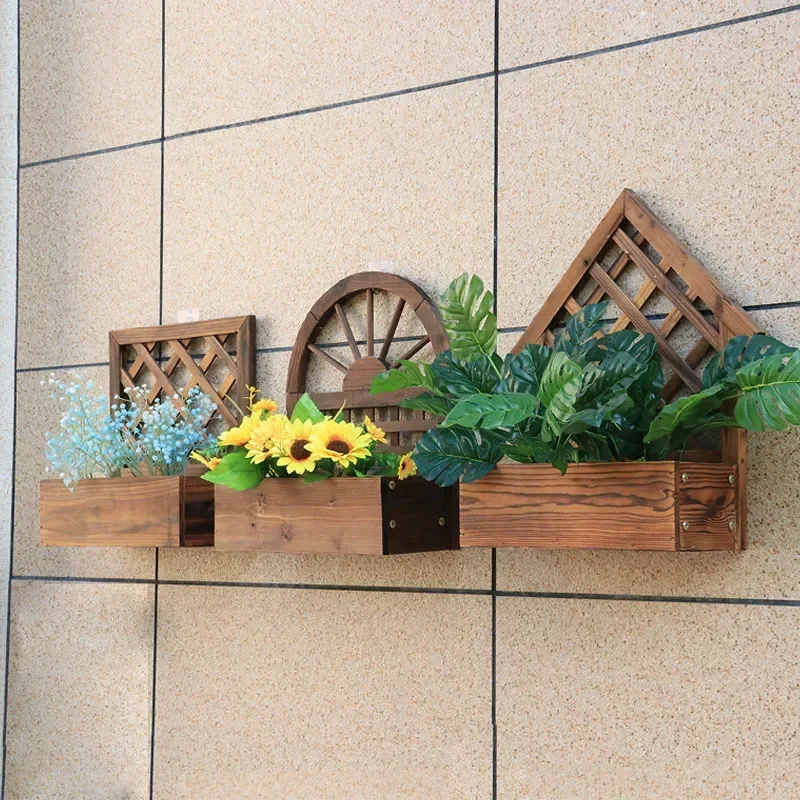 Carbonized anticorrosive wall-hung solid wood flowerpot wall decoration flower basket balcony wall-hung planting box gardening