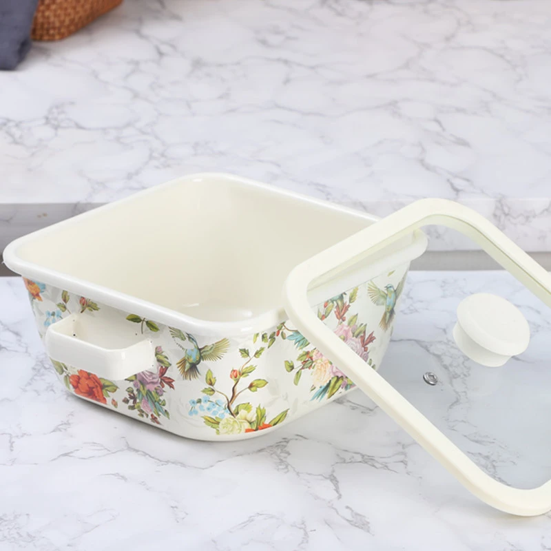 Large Square Stew Pot Enamel Vintage Flower Bird Soup Pot Double Handle Cheese Baked Rice Special Pan Home Kitchen Cookware