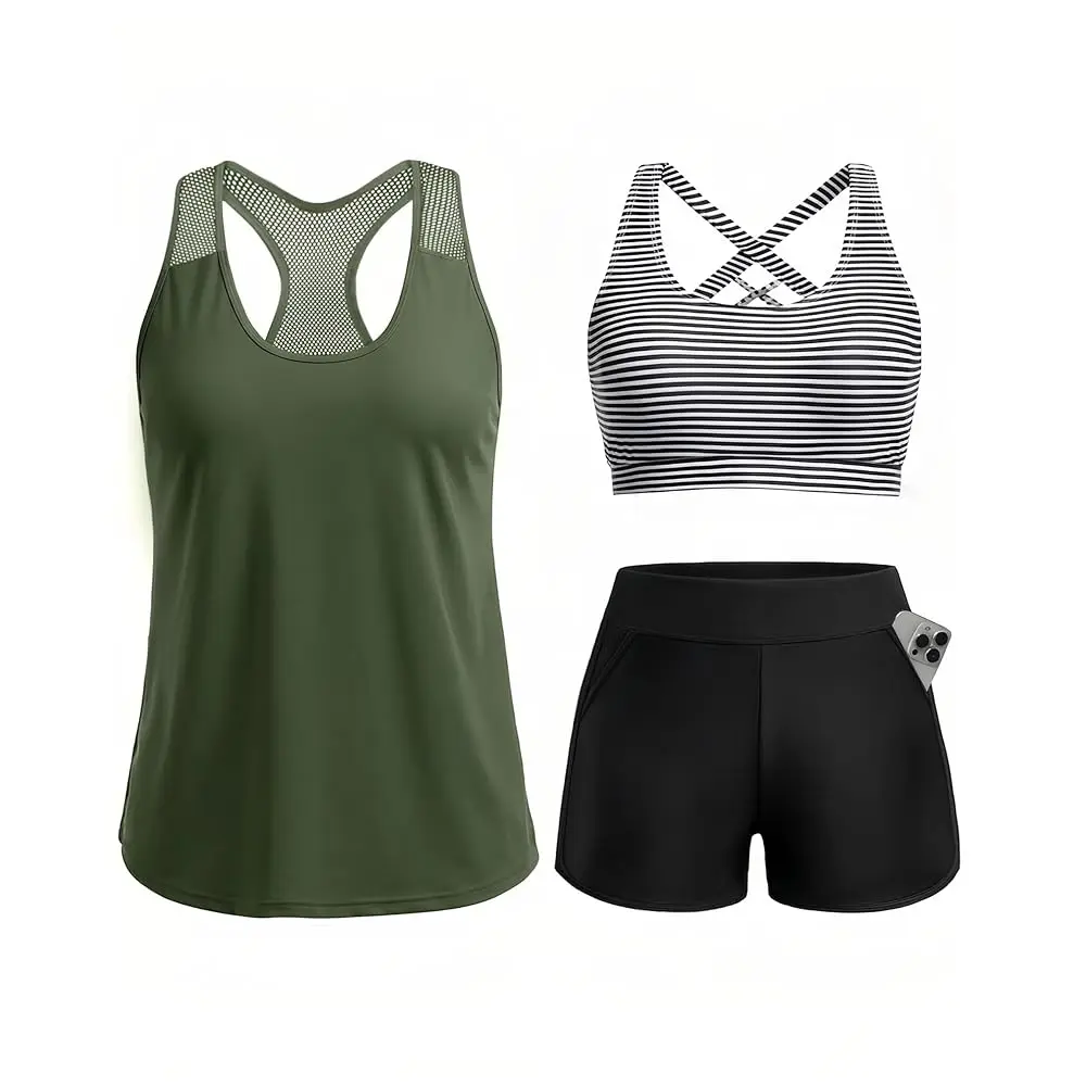Women 3 Piece Tankini Swimsuit - Mesh Racerback Tank Top with Sports Bra and Pocketed Boyshorts Athletic Bathing Suits