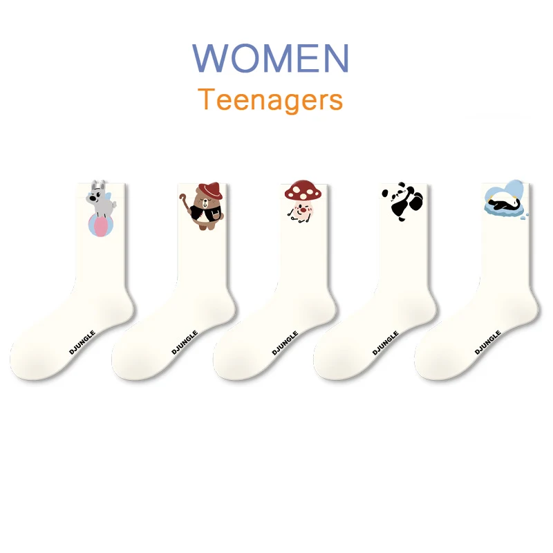 

White Cartoon Mushroom Mid-Calf Sports Cotton Socks for Teenage girls Women Leisure Knitted Comfortable Breathable Ankle High