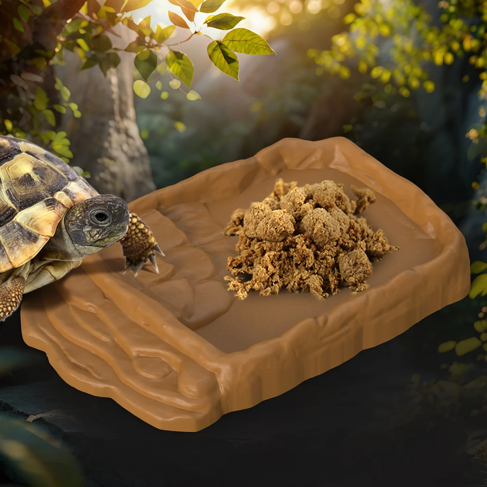 Reptile Food Water Bowl Rock Design Shallow Feeding Dish With Step Ramp for Tortoise Gecko Lizard Hermit Crab Terrarium