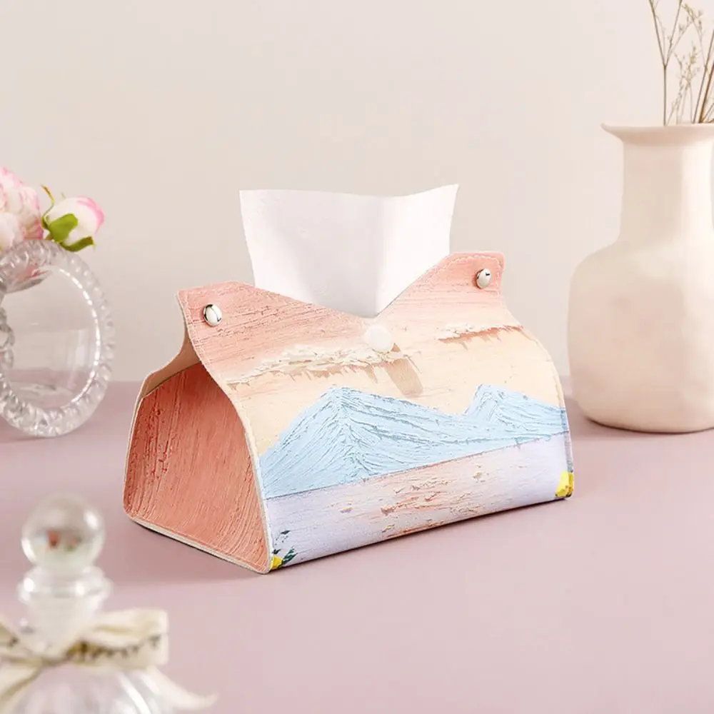 Aesthetic Leather Pink Tissue Case Large Storage Oil Painting Paper Towel Box Durable Creative Desk Decoration Office