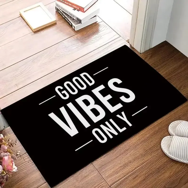 Positive Quote Good Vibes Only Print Non Slip Front Entrance Rug Home Entry Decor Flannel Door Mat for Indoor House Use