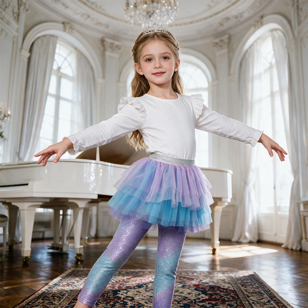 Mädchen-Leggings mit Meerjungfrauen-Print und mehrlagigem Mesh-Tutu-Rock für Tanz, Kinder-Ombre-Schuppen-Glitzer-Polyester-Hosen mit Farbverlauf – Detail 2