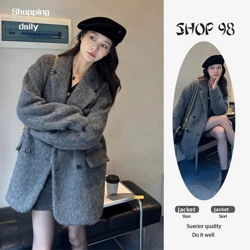 Women's Thickened Short Grey Woolen Suit Jacket 2026 New Style Cleanfit Fashion Autumn Winter Coat for Medium-aged Ladies