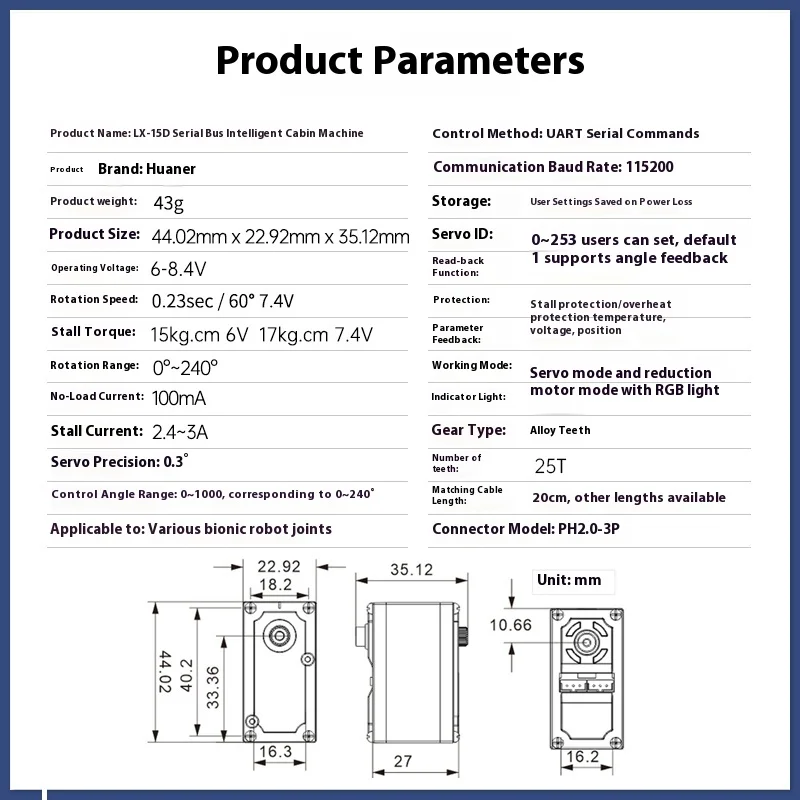 Servo de bus serie inteligente LX-15D/Servo de robot con feedback/alta vida útil y alta precisión