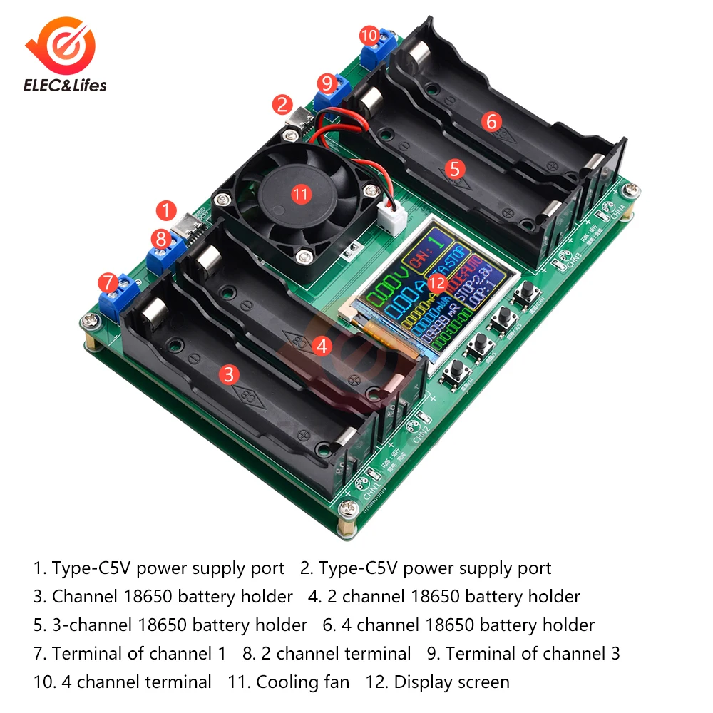 18650 Lithium Battery Capacity Tester Module MAh MWh Digital Four Batteries 18650 Battery Power Detector Tester Module Type-C