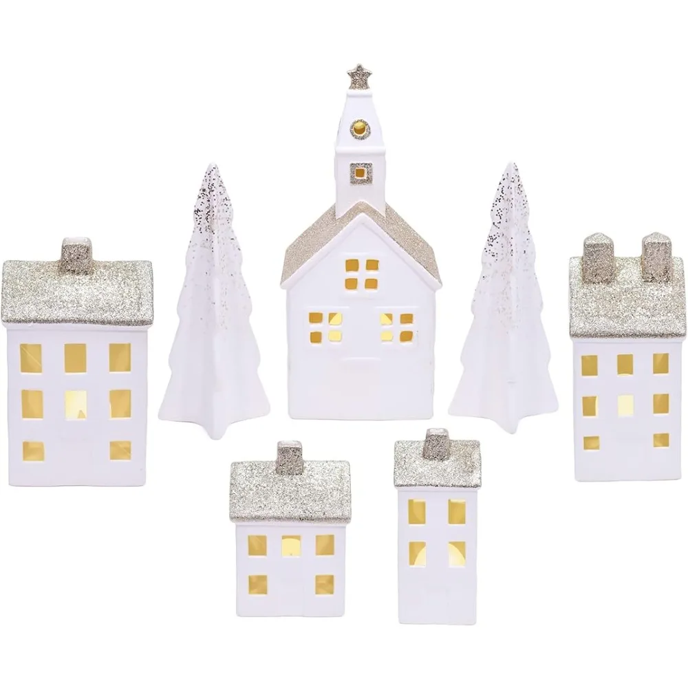 

Village White Glitter 12 Inch Porcelain LED Christmas Figurines 9 Piece Set Home Decoration Luxury Home Decor Items Room Crafts