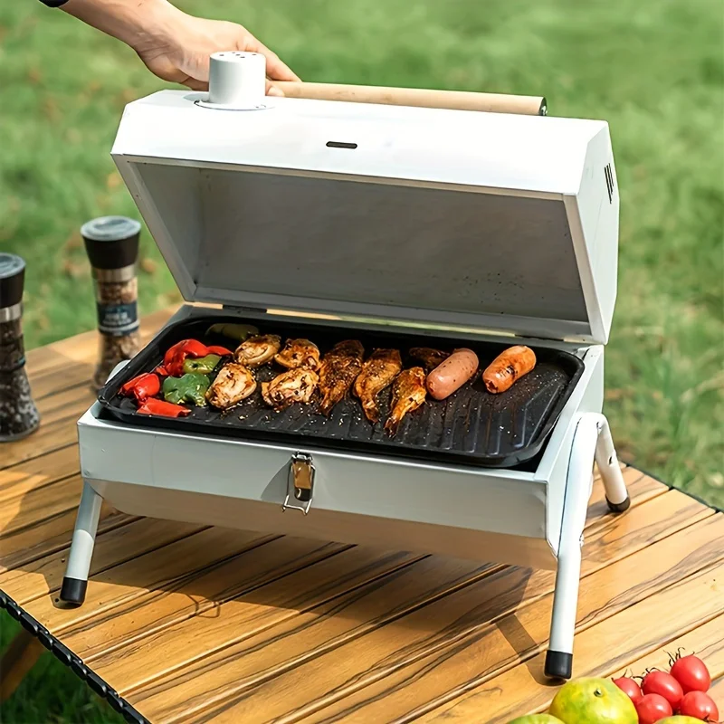 Portable Stainless Steel Charcoal Grill, Foldable Outdoor BBQ Stove, Mini Camping Grill for Picnics and Tailgating, Dual Chamber