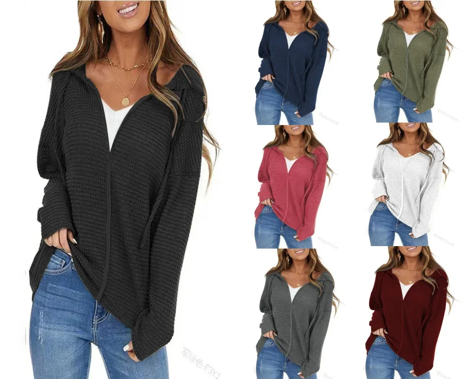 Women Waffle Knit Hooded Top Half Zip V Neck Long Sleeve Loose Side Slit Casual Pullover