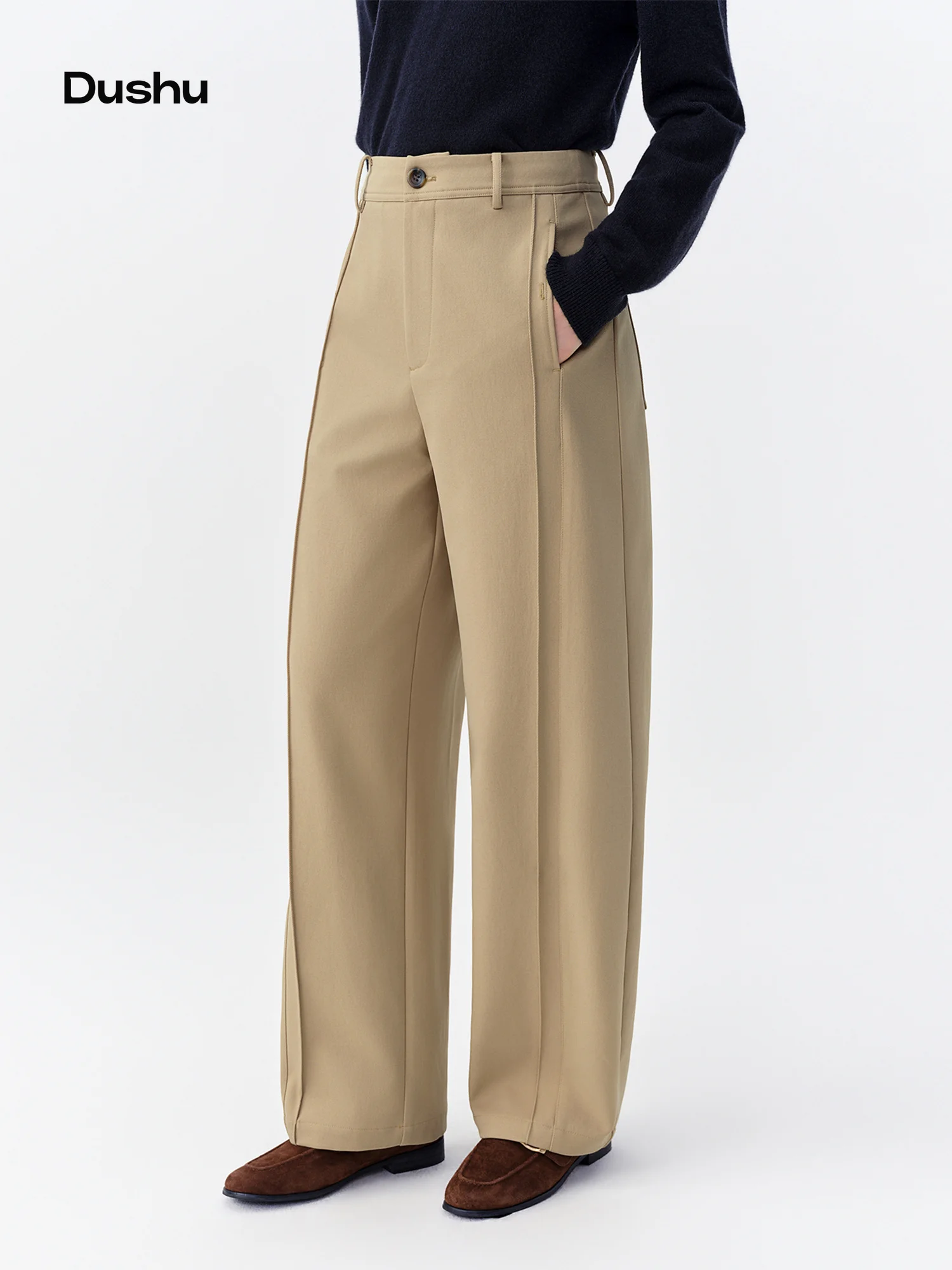 DUSHU 2026 Winter Women's Vintage High Waist Paneled Barrel Leg Flattering Fit Casual Pants - Structured Chic for Everyday