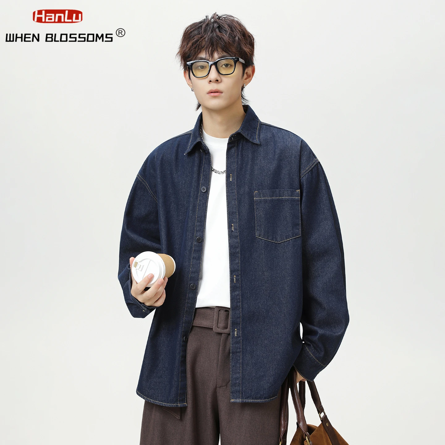 HANGLU 2025 Men's Raw Denim Shirt Japanese Relaxed Fit Washed Vintage Streetwear Long Sleeve Overshirt Casual Jacket