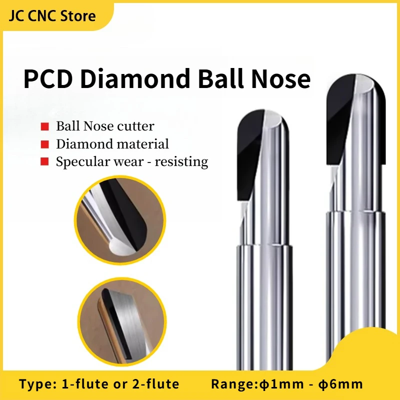PCD Diamond Ball Nose End Mill R1 R1.5 R2 R3 R4 Milling Cutter For Cutting Aluminum Carbon Fiber Copper Fiberglass Bakelite
