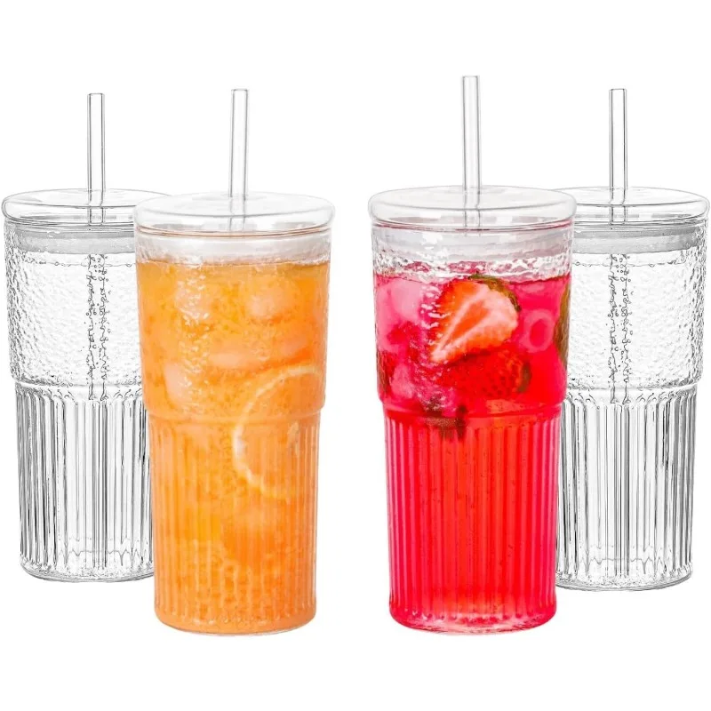 Glass Cups With Lids and Glass Straws，20 OZ 4pcs High Borosilicate Glass Tumbler Iced Coffee Water Smoothie