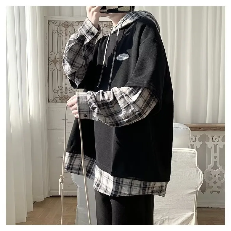 2025 Autumn New Fake Two Piece Men's Hoodie Korean Fashion Harajuku Casual Loose Men's Hoodie Pullover Sweatshirt Streetwear