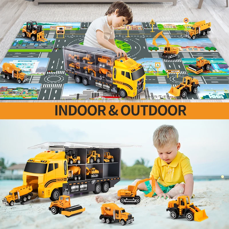 Big Construction Container Transporter Playset With 6PCS Mini Vehicle Carrier Truck Engineering Car Model Toys For Kids Gifts