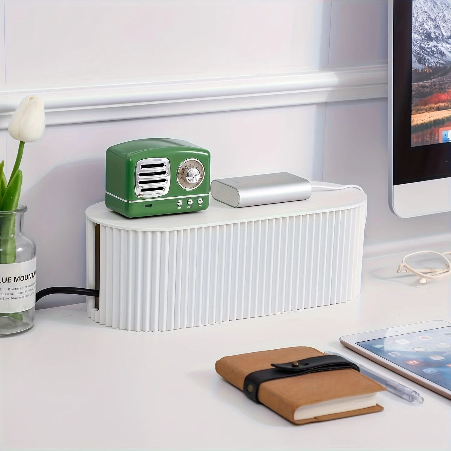 Large Cable Management Box with Lid | Portable Oval Desktop Organizer to Hide & Sort Wires for Home Office