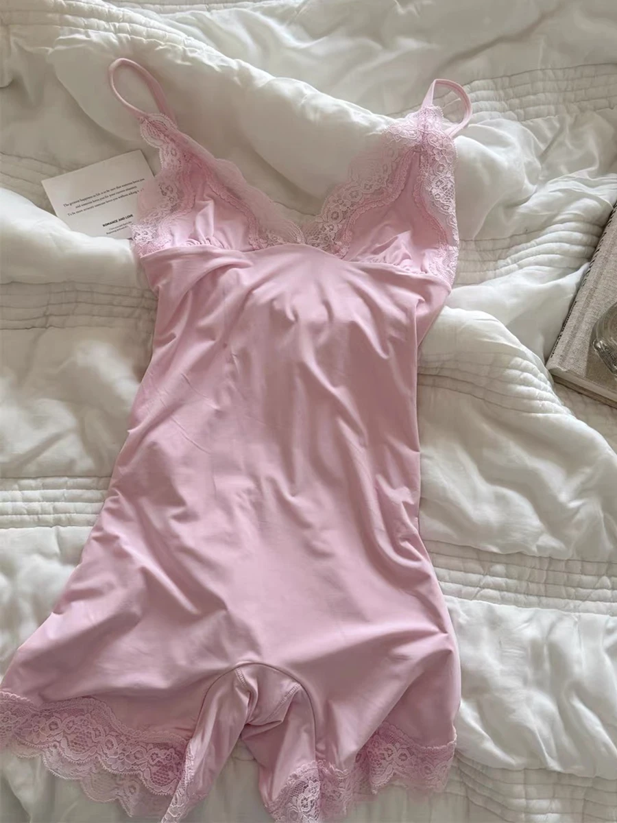 

Lace Triangle Cup Bodysuit Woman V-neck Sleeveless Shaperwear Jumpsuit Tank Tops Solid High Elastic Comfort Home Underwear New