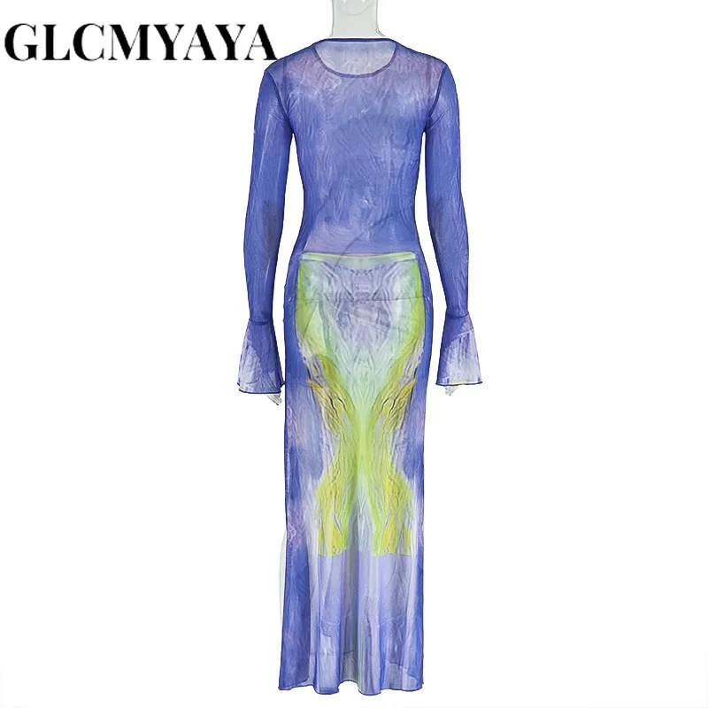 CM.YAYA المرأة التعادل صبغ مضيئة كم طويل ثنيات عالية الجانب سبليت ميدي ماكسي فستان طويل 2025 عيد ميلاد مثير نادي الحفلات حتى فساتين