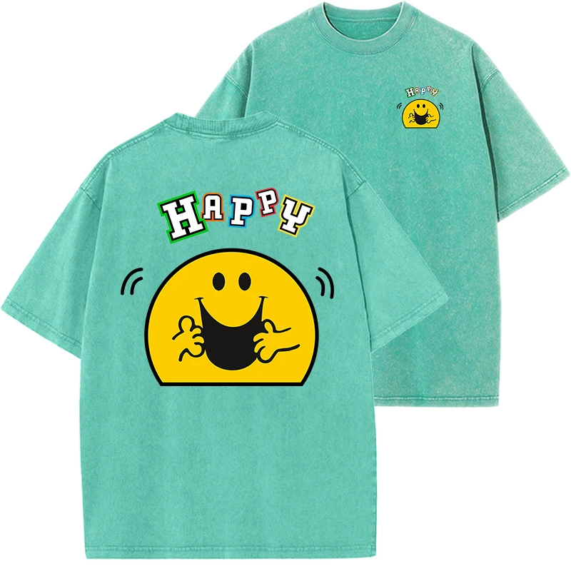 Happy Cute Emoticon Printed Men T-Shirts Summer Vintage Washed Cotton Tee Shirt Loose Fitting Casual Popular Tshirt Tops