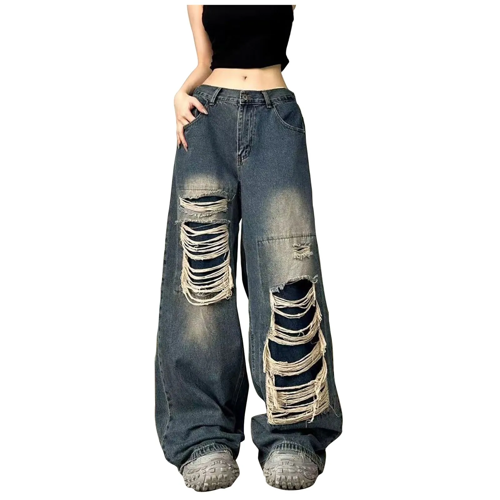 Womens Vintage Ripped Jeans Loose Straight Leg Wide-Leg Mop Denim Pants Long Cargo Pants High Waist Pantalones Skinny Casual