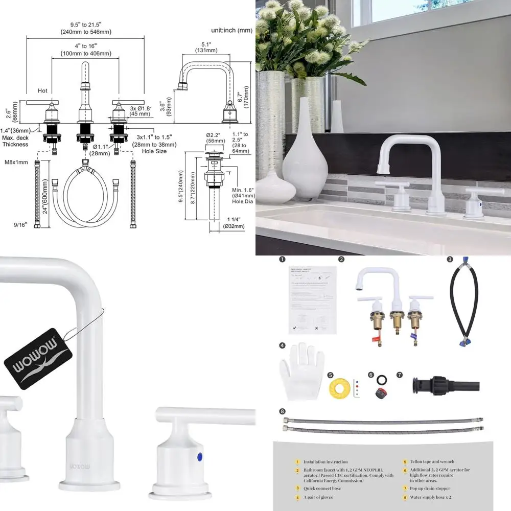 

White 3-Hole Bathroom Sink Faucet with 2 Handles, Elegant Lavatory Mixer Tap and Drain Included