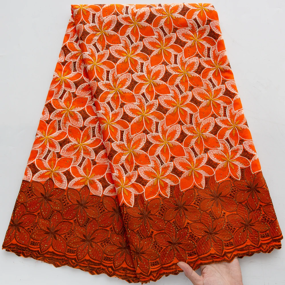 Luxury Orange Swiss Voile Cotton Lace Fabric 5Yards African Embroidery Floral Stones Lace High Quality Nigerian Party Wedding Dr