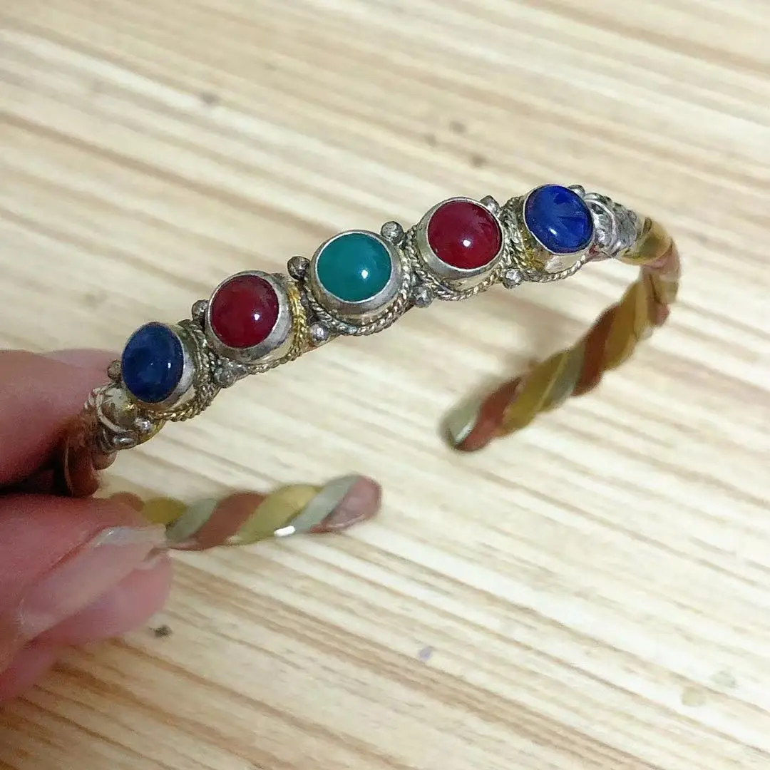 BR003 Tibetan Jewelry Copper Metail Inlaid Colorful Beads Women Bracelet 6mm Width Slim Open Back Cuff Bracelet