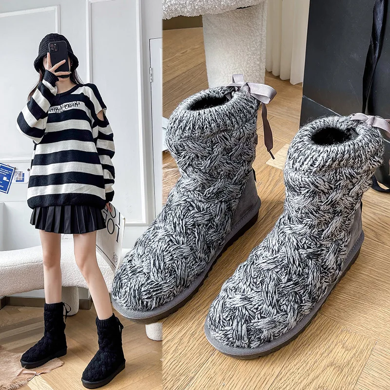 

Thickened Knitted Fleece Lined Fur Integrated High Tube Snow Boots Women's Cotton Shoes Grey Color Casual Style Cross Buckle