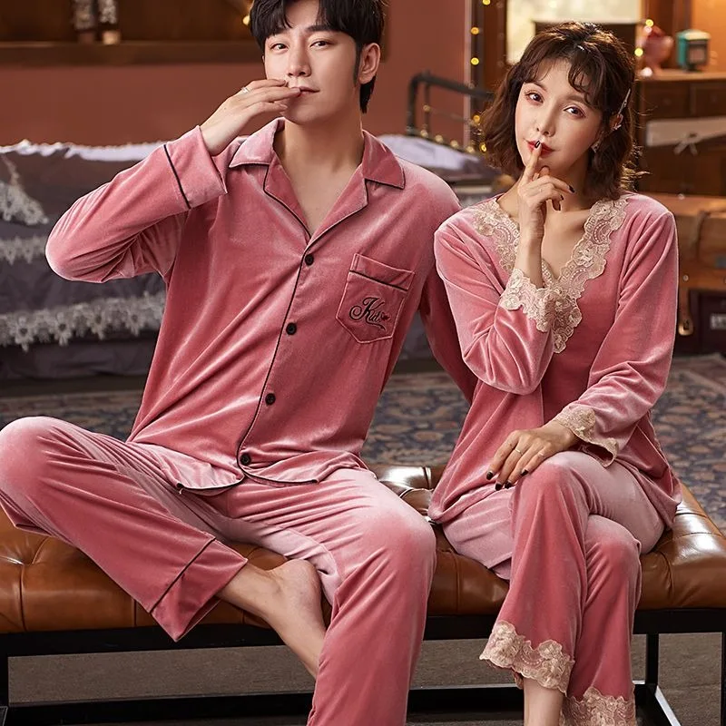 

2024 New Gold Velvet Couple Pajamas Women's Spring Autumn Winter Coral Fleece Long Sleeves Large Size Men's Loungewear Set