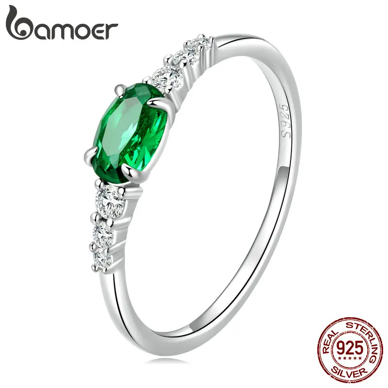 BAMOER 925 Sterling Silver Simple Gemstone Ring for Women Green Zirconium Ring Fine Jewelry Wedding Bridal Wedding Gift BSR265