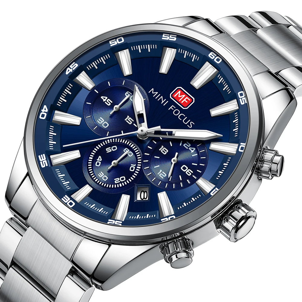 MF MINI FOCUS Men's Quartz Watch Chronograph 24H Indicator Calendar Luminous Hands Stainless Steel Band Waterproof Wristwatch