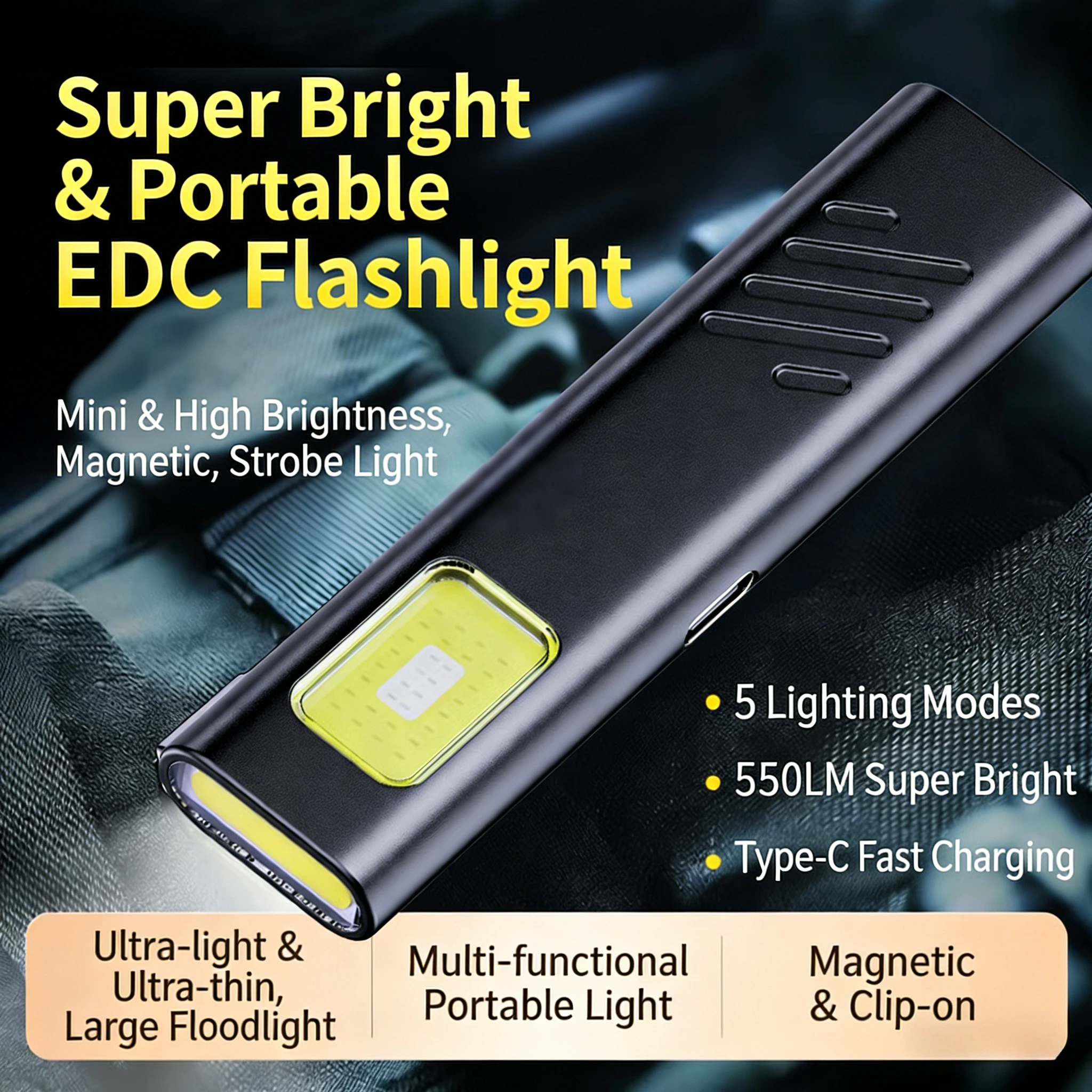 Mini COB LED Keychain Flashlight USB C Rechargeable Portable Torch with Pen Clip, Hanging Hook, Bright Work Light for Outdoor