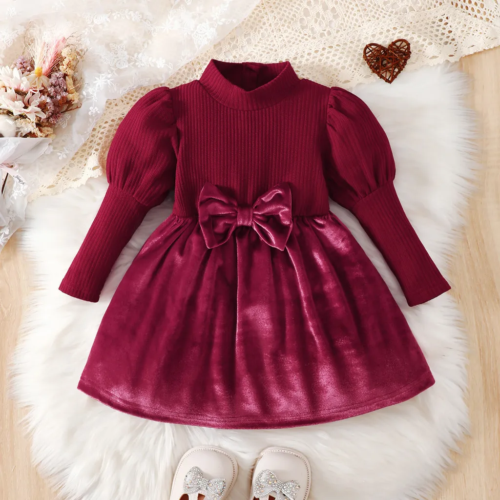 Princess Dress for 0-3Years Toddler Baby Girl Long Sleeve Bow Belt Red Velvet Soft Fabric Elegant Daily Wedding Party Clothing