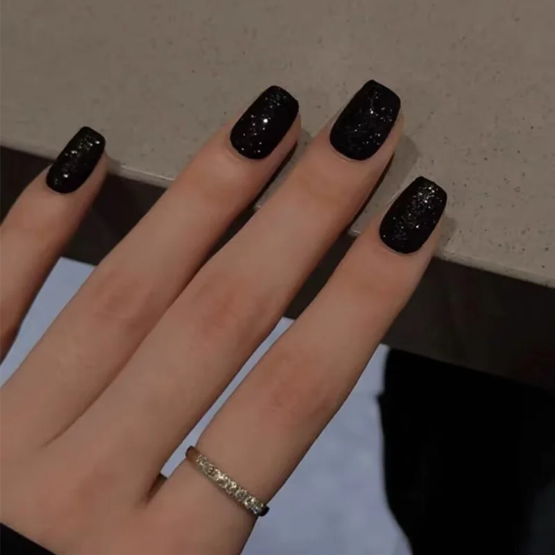 10 pièces à la main court carré presse sur ongles noir sucre granulé acrylique faux ongles paillettes givré artificiel manucure Art Kit