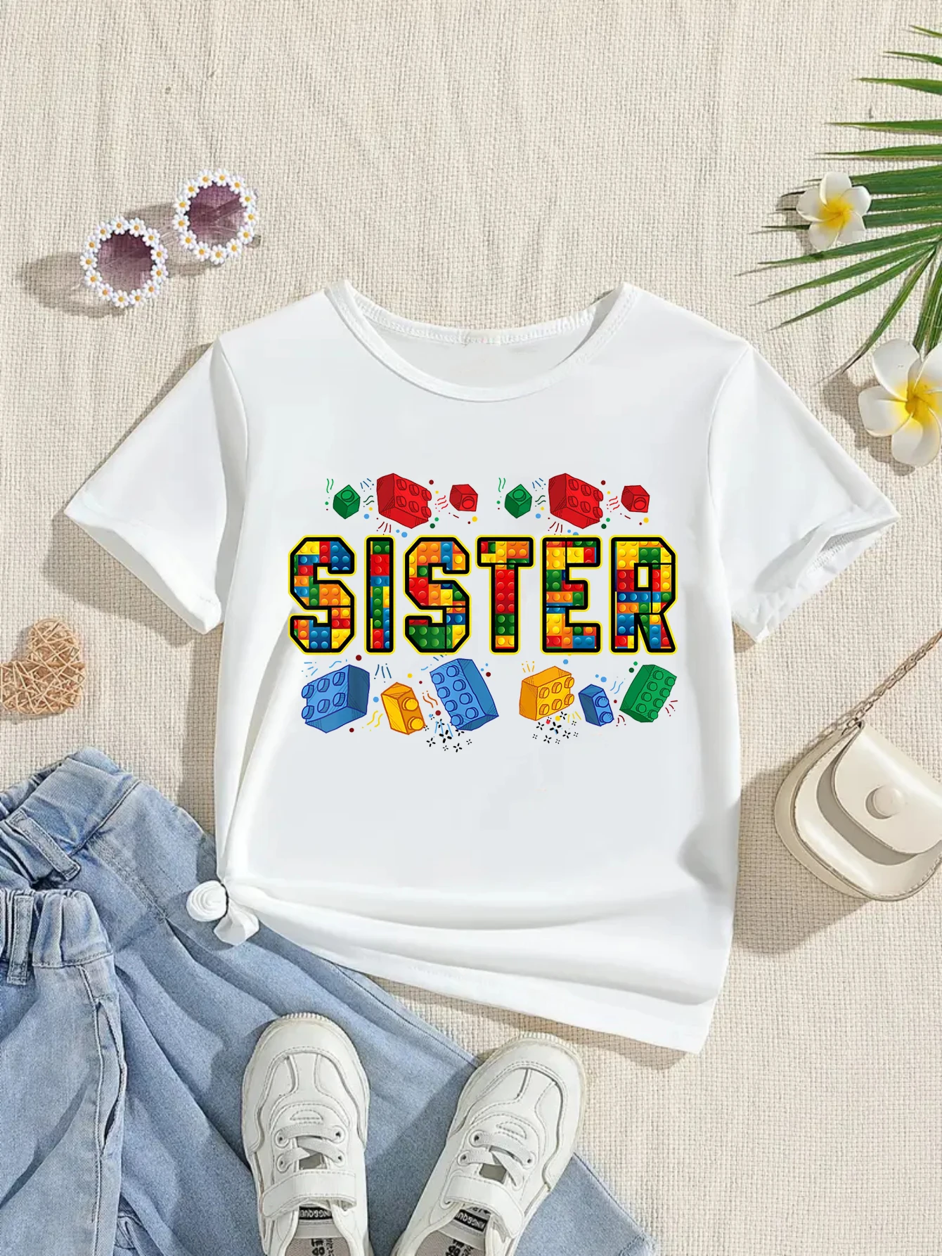 Colorful Building Blocks Sister Printed T Shirt Girls Building Blocks Theme T-Shirt Kawaii Kids Clothes Short Sleeve Shirt