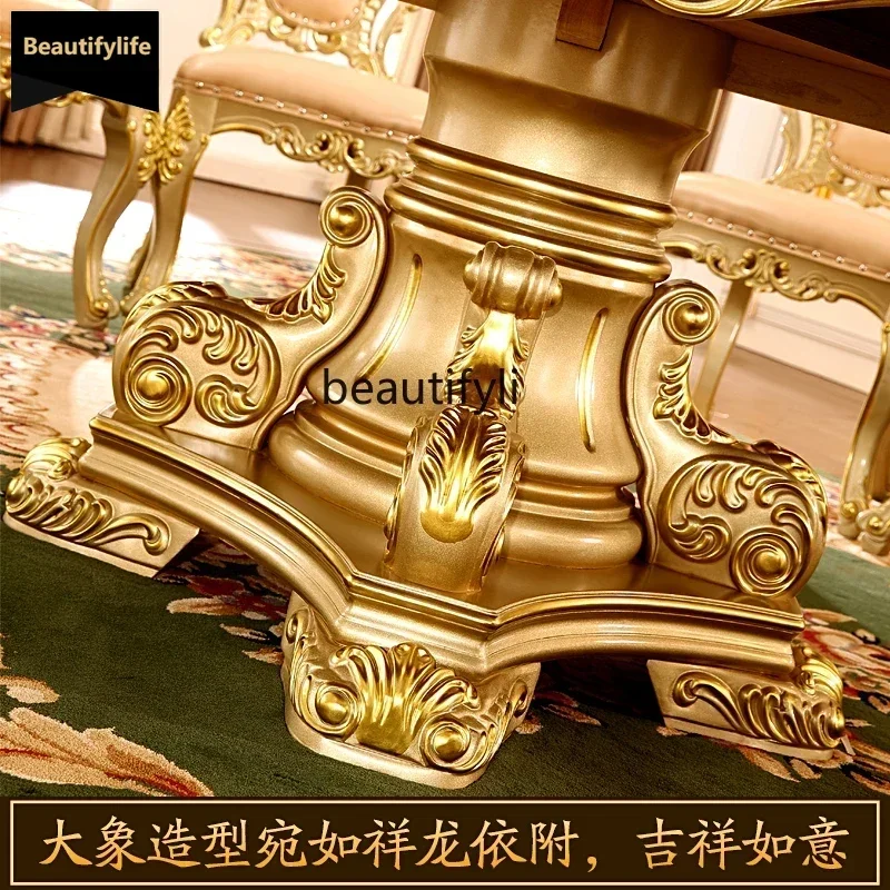 B67  European champagne gold marble round table all solid wood neoclassical solid wood American turntable dining table