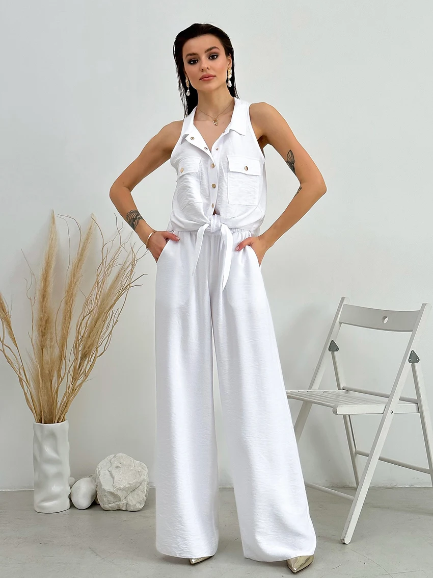 Marthaqiqi White Fashion Women'S Nightwear Suit Sleeveless Pajamas Turn-Down Collar Nightgowns Pants Autumn Ladies Sleepwear Set