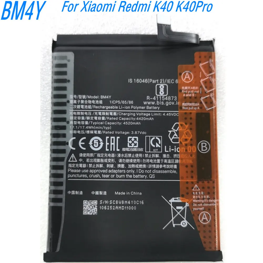 

New 3.87V 17.1Wh BM4Y High Capacity Battery for Xiaomi Redmi K40 K40Pro Mobile Phone