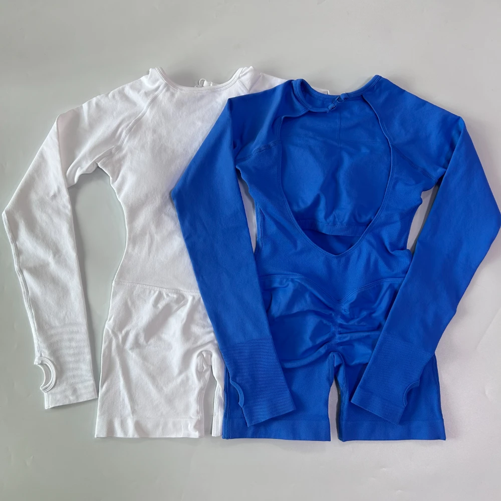 Pericic Langarm-Einteiler Yoga-Bodysuit für Damen, Nahtloses Outfit-Set, Fitnesskleidung, Workout-Shorts, Jumpsuit, Rückenfreies Gym-Set – Detail 18