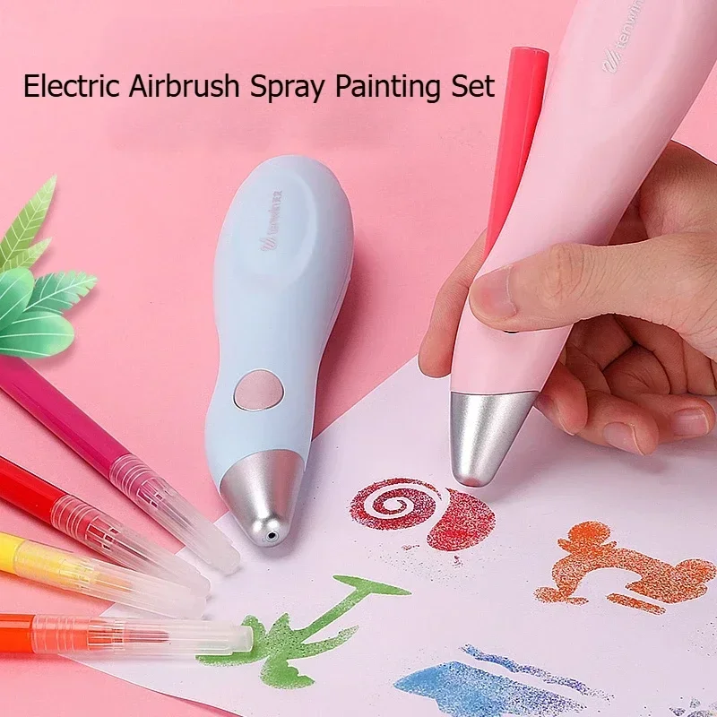 TENWIN Electric Airbrush Spray Painting Set With 12 Markers, Stencils, Charging Cable, Arts Crafts Gift Set for School Coloring