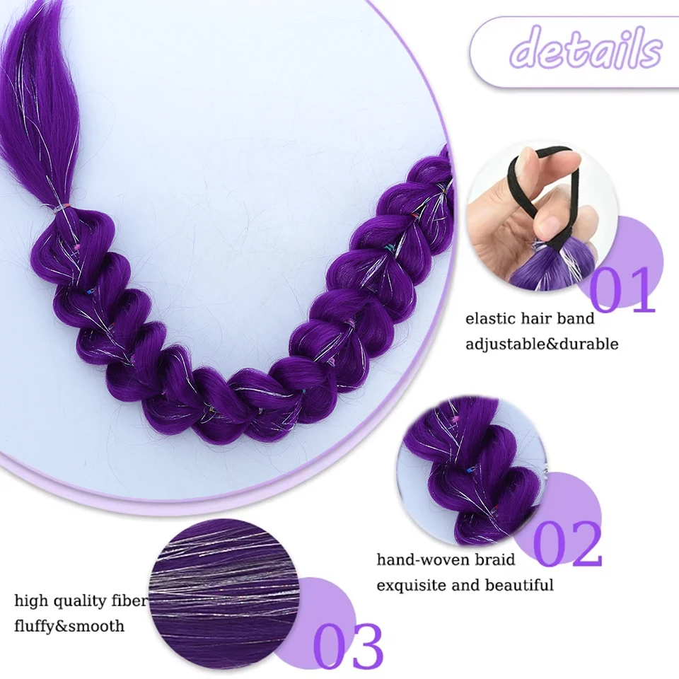 Cola de caballo trenzada sintética morada de 32 pulgadas con brillantina, extensión súper brillante para niños, cosplay de Navidad 2