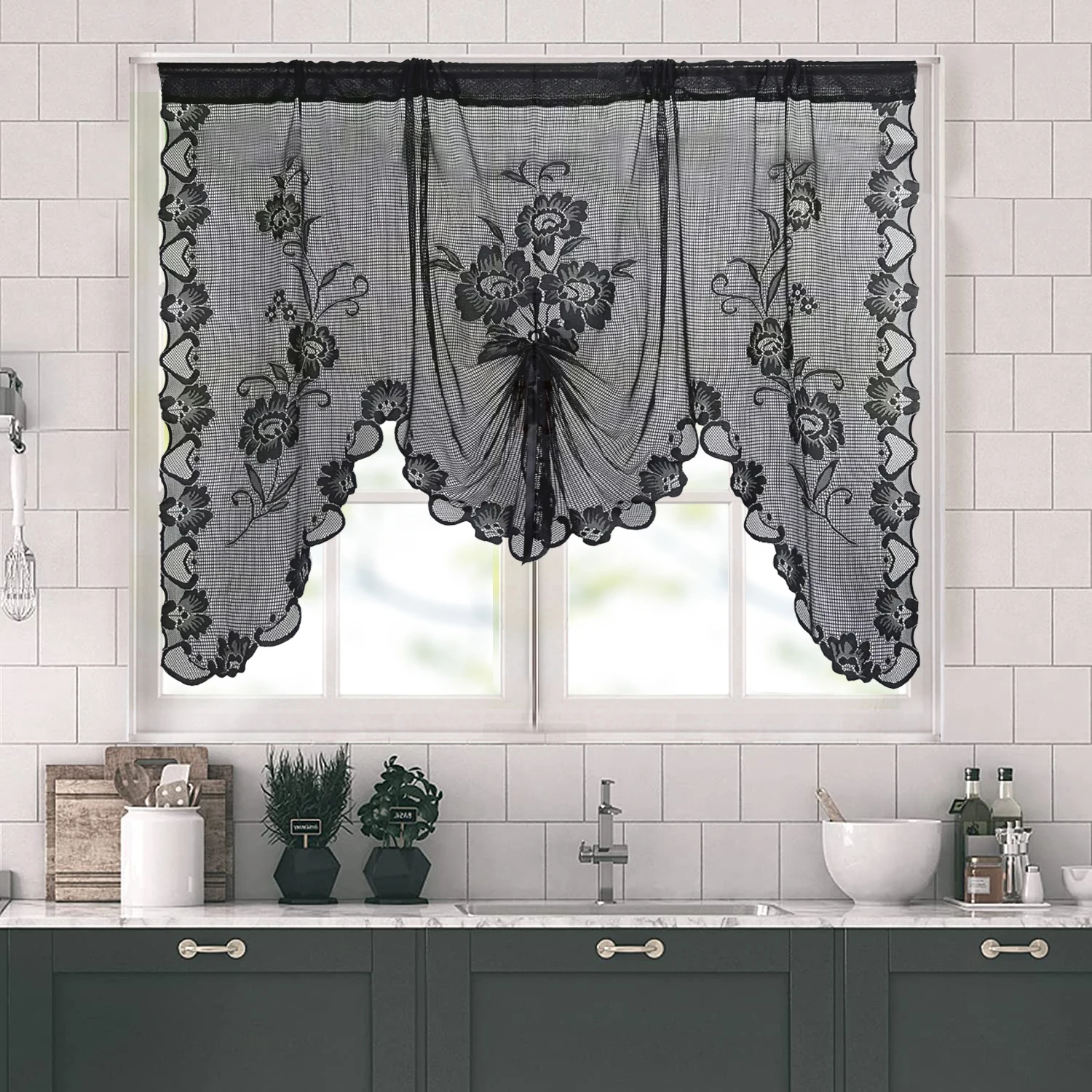 French Vintage Embroidered Kitchen Short Curtain,Romantic Lace Wavy Drapery,Rod Pocket Door Curtain,1 Panel Window Drapes
