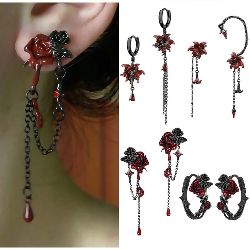 Goth Mandala Blume Tropfen Ohrringe Dunkelheit Dorn Rose Ohrstecker Gothic Schmuck Frauen Mädchen Punk Asymmetrie Anhänger Ohrring Geschenk