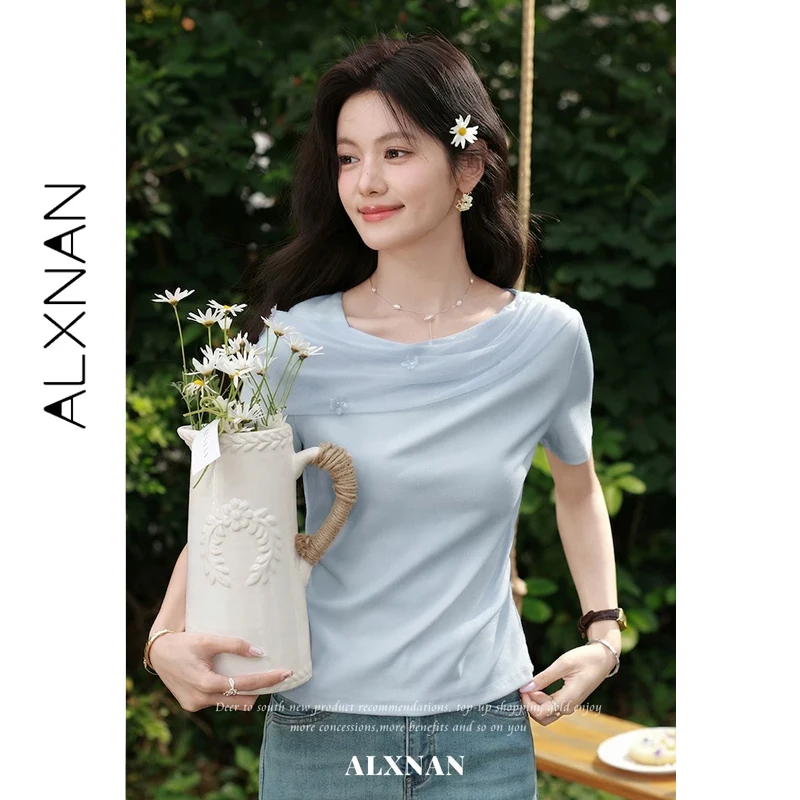 

ALXNAN Blue T-shirt Women Summer 3D Flower Decor Mesh Splice Waist Ruched Design T-shirts Elegant Short Sleeve Tops DYL662694-1