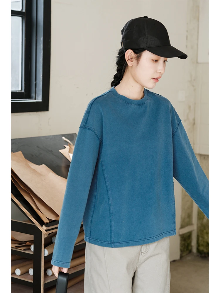 Women's Loose Fit round Neck Sweatshirt Pure Color T-Shirt Long Sleeve Sand Washed Top Casual Style Spring Autumn Fashion