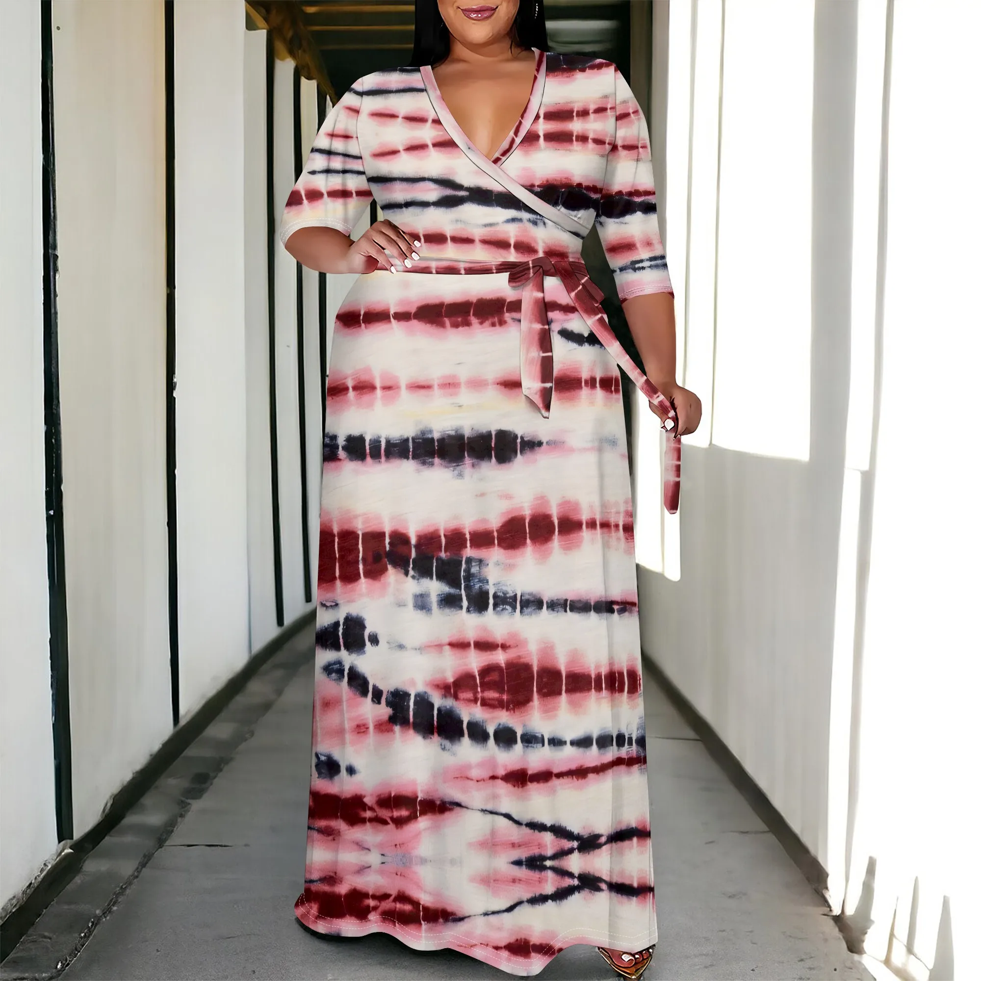 

Women's Navy Striped V-Neck Tie 3/4 Sleeve Plus Size Sexy Dress Polyester Office Spring Elegant