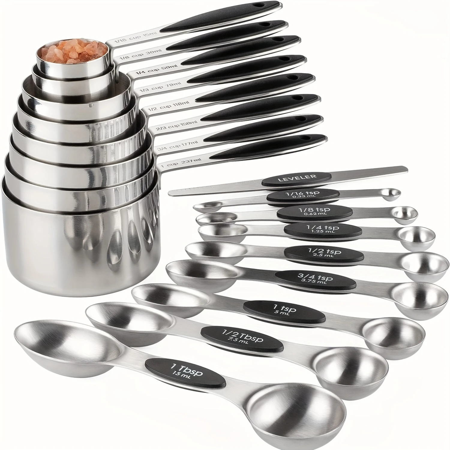 17pc Stainless Steel Measuring Set - Dual-Sided Spoons, Precision Cups for Baking & Cooking