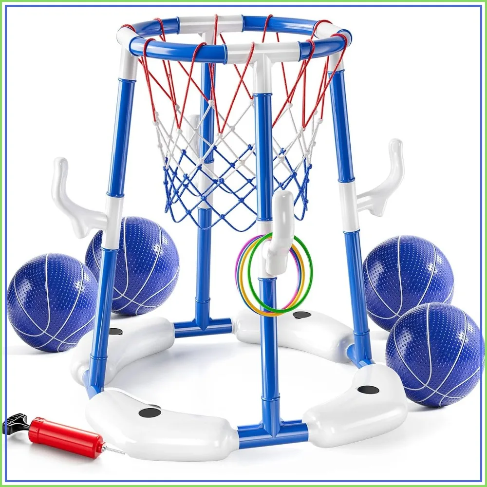 Juego de Baloncesto Flotante 2 en 1 para Piscina con 4 Balones, 12 Aros y Bomba para Jugar en el Agua al Aire Libre en Verano